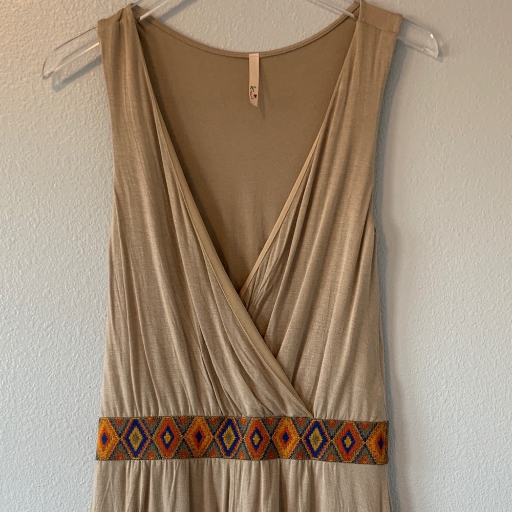 Tan Tank V Neck Romper with Aztec Waist Belt